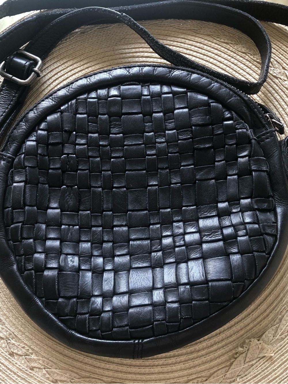 Woven Round Black Leather Crossbody Bag